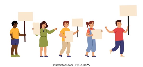 Kids with placards. Cute children demonstration, meeting with empty banners. Young activists, cartoon flat kindergarten or school vector characters