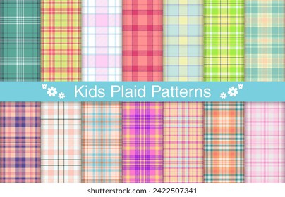 Kids plaid collection, textile design, checkered fabric pattern for shirt, dress, suit, wrapping paper print, invitation and gift card.