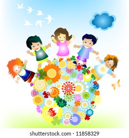kids and planet; joyful illustration with planet earth, happy children and colorful flowers