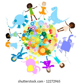 kids and planet; joyful illustration with planet earth, happy children and colorful flowers