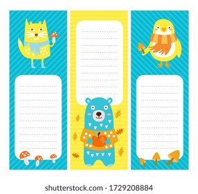 Kids Planner with Cute Wild Animals, Paper for Notes, Notebook Design Elements Vector Illustration