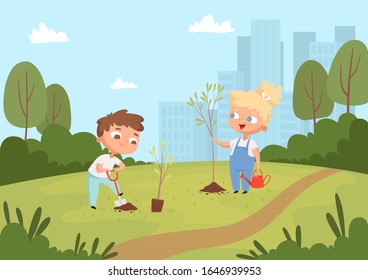 Kids planting background. Natural eco outdoor childrens weather protect environment gardening education vector