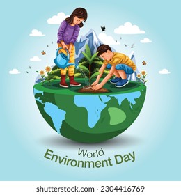 Kids Planting, Creative design world environment and earth day drawing and painting concept. abstract vector illustration design