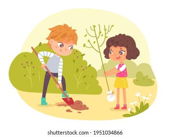 Kids planting tree in garden. Little happy boy digging hole with spade and girl standing with green plant in hands nearby vector illustration. Group doing chores in agriculture.