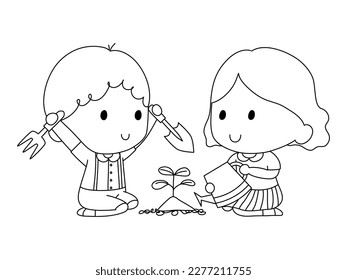 kids planting tree save the planet. coloring book for kids.