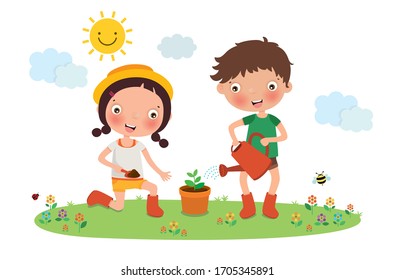 Kids Planting Tree Vector Illustration Stock Vector (Royalty Free ...