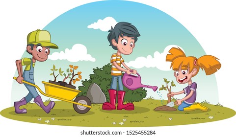 Kids Planting Trees In A Green Park. Boys And Girl Gardening.