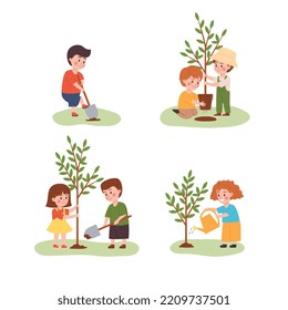 Kids Planting Trees Outdoors, Flat Vector Illustration Isolated On White Background. Set Of Cute Children Digging With Shovel And Watering Plants. Concept Of Volunteering And Farm Garden Charity Work.