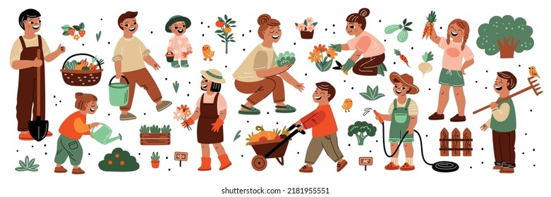 Kids plants. Funny little gardeners with parents. Children take care of flowers. People watering bushes and picking harvest. Ecology and nature. Garish vector gardening