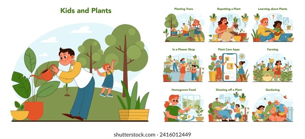 Kids and plants set. Boys and girls exploring nature with family members. Engaging children in botany through activities like gardening, farming, and using plant care apps. Flat vector illustration