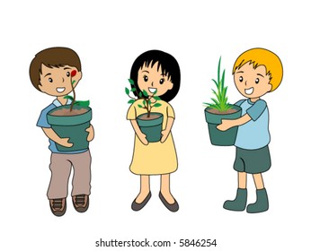 Kids with Plants - Vector