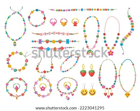 Kids plastic beads. Fashioned colored jewelry elements 90s style recent vector plastic accessory