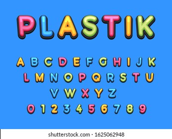 Kids Plastic Cartoon Font. Colorful comics font, child sport alphabet in style of pop art. Multilayer funny colorful letters on comic book page for decoration of children illustrations, posters.