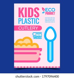 Kids Plastic Cutlery Advertising Banner Vector. Plate, Spoon And Fork Non-toxic Cutlery For Eating Food Promo Poster. Children Eco Product Concept Template Stylish Colorful Illustration