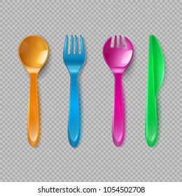 Kids plastic cutlery. Little spoon, fork and knife isolated. Disposable dishware, toy kitchen dining tools vector set. Illustration of knife and plastic fork, spoon, color dining cutlery tool