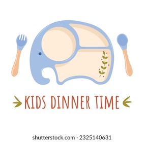 Kids plate, fork and spoon silicone dishware for baby vector. White background with dots. Kids Dinner Time