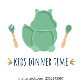 Kids plate, fork and spoon silicone dishware for baby vector. White background with dots. Kids Dinner Time