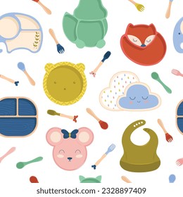 Kids plate, fork and spoon silicone dishware for baby. Vector pattern in Scandinavian style. Minimalism.