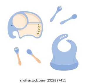 Kids plate, fork and spoon silicone dishware for baby vector. White background. Kids Dinner Time