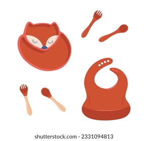 Kids plate, fork and spoon silicone dishware for baby vector. White background. Kids Dinner Time