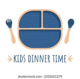 Kids plate, fork and spoon silicone dishware for baby vector. White background with dots. Kids Dinner Time