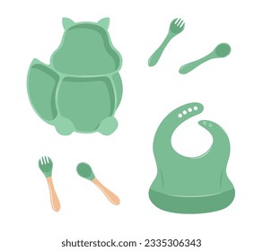 Plato para niños, tenedor y cuchara de silicona para el vector del bebé. Fondo blanco. Hora de la cena de los niños