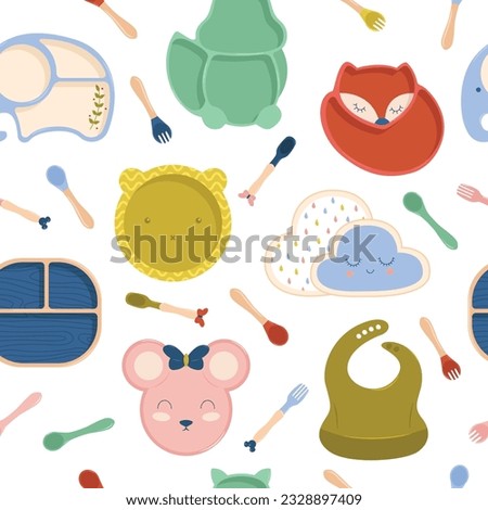 Kids plate, fork and spoon silicone dishware for baby. Vector pattern in Scandinavian style. Minimalism.