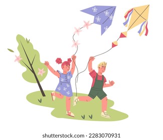 Kids play with air kite on the meadow. Summer children vacation activity and active sport games outdoor concept, flat cartoon vector illustration isolated on white background.