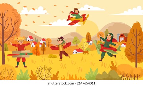 Kids play with airplanes toys in park. Airplane models toy, child happiness and game childhood, boy play, vector illustration