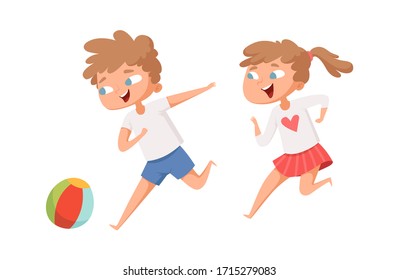 Kids play ball. Running cartoon boy and girl. Isolated happy children playing together vector illustration