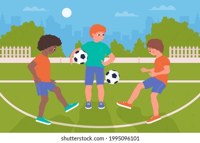 Kids play ball, soccer healthy sport activity vector illustration. Cartoon happy player characters have fun, funny boys children playing football together on sports field in schoolyard background
