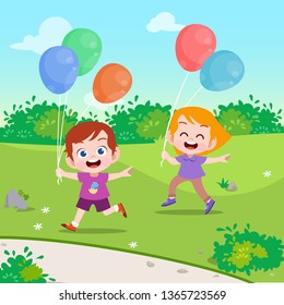 kids play balloon in the garden vector illustration