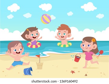 kids play at the beach vector illustration