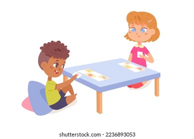 Kids play board game vector illustration. Cartoon isolated boy and girl players sitting at table, group of children friends playing together education or memory game cards in playtime, home party