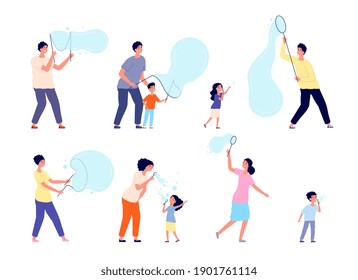 Kids play with bubbles. Children summer activity, adult blowing soap bubble. Modern party show, child fun outdoor game utter vector characters