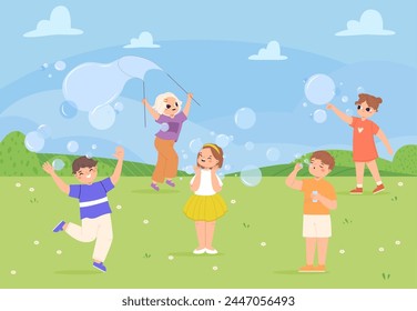 Kids play with bubbles outdoor. Spring summer time in park, happy children together blowing soap bubble. Toddlers fooling, snugly vector scene