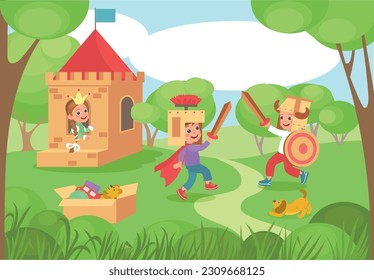Kids play with cardboard boxes. Cute children play in carton castle. Outdoor leisure activities. Happy boys in homemade armor fighting for princess. Park playground