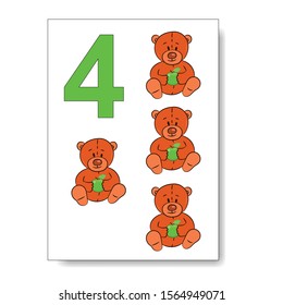 Kids play cards set with numbers, toys, food, things. Cartoon children cards for playing, learning to count, to put numbers, to deduct, to decide math example. Mathematics cards for children. Vector.