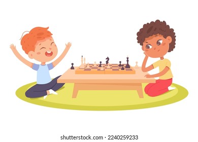 Kids play chess vector illustration. Cartoon isolated children playing strategy game, young students characters sitting at chessboard in classroom or chess club, serious boy thinking about strategy