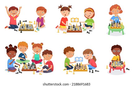 Kids Play Chess. Young Boys And Girls Playing In Chess Club, Strategy Game Vector Illustration Set. Children Sitting At Table Or On Floor And Thinking, Pupils Taking Part In Competition