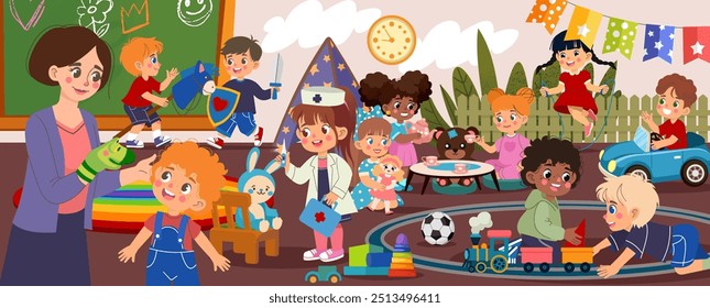 Los niños juegan. Niños en el jardín de infantes. Juegos de bebé. Hospital de juguete. Los chicos luchan con espadas de caballero. Profesora de preescolar. Guardería. Sala de juegos interior. Fiesta infantil. Grupo de niños pequeños. Vector de dibujos animados patio