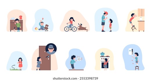 Kids play with dangerous objects. Various risk and unsafe situation. Dangers for children outdoor and indoor. Playing with fire and knife, recent vector scenes
