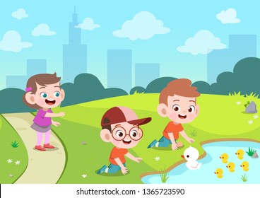 kids play ducks in the garden vector illustration