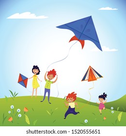 Kids play field with kites concept background. Cartoon illustration of kids play field with kites vector concept background for web design