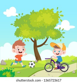 kids play football and bicycle vector illustration