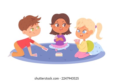 Kids play fun board game together vector illustration. Cartoon isolated happy children playing with education or strategy cards indoor, group of cute boy and girls sitting on carpet in home room