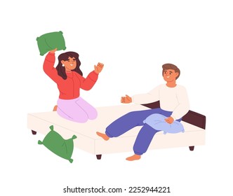 Kids play funny pillow fight in bedroom at home. Happy children enjoy joyful recreation activity sitting in bed and throwing pillows together. Cartoon flat vector illustration