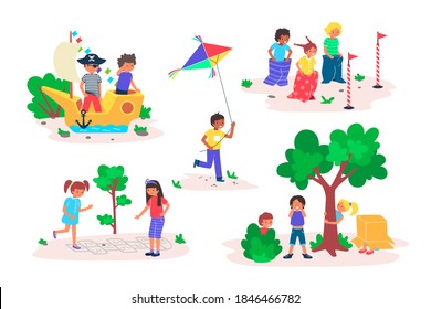 Kids play games outdoor vector illustration set. Cartoon flat happy childhood playtime collection with children friends gaming together, playing in playground of kindergarten or park isolated on white