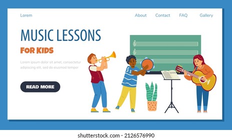 Kids play guitar, trumpet and tambourine on music lessons. Black and white boys and girl learn to play musical instruments at music school classes. Cartoon vector banner illustration.