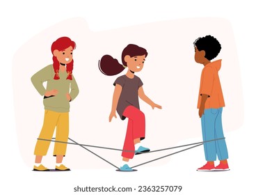 Kids Play Gummitwist By Using A Long Elastic Band Stretched Between Two Player Legs. Characters Jump And Perform Intricate Footwork, Creating Fun And Challenging Patterns. Cartoon Vector Illustration